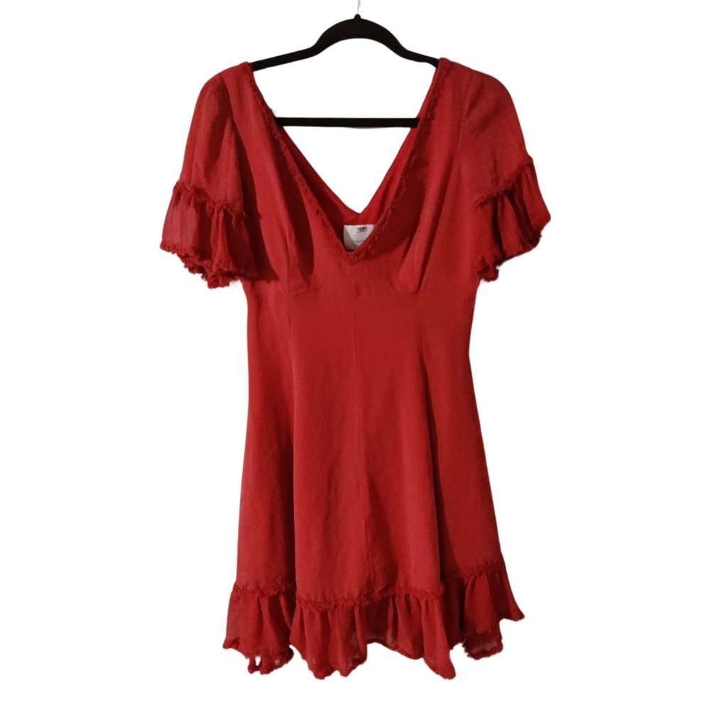 cinq a sept Red Ruffled V-Neck Mini Dress